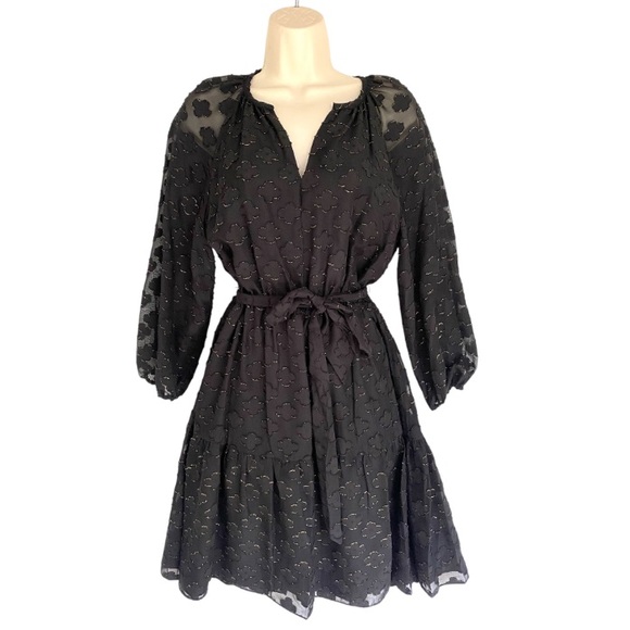 NANETTE LEPORE Eric Gold Metallic Clover Dobby Long Sleeve Dress Black 6 NWT - Picture 1 of 8
